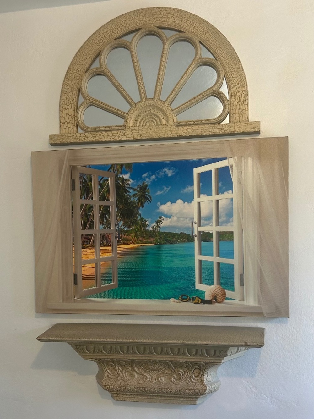 Coastal Wall Décor Set | Decorative Mirror, Tropical Window Art & Ornate Shelf